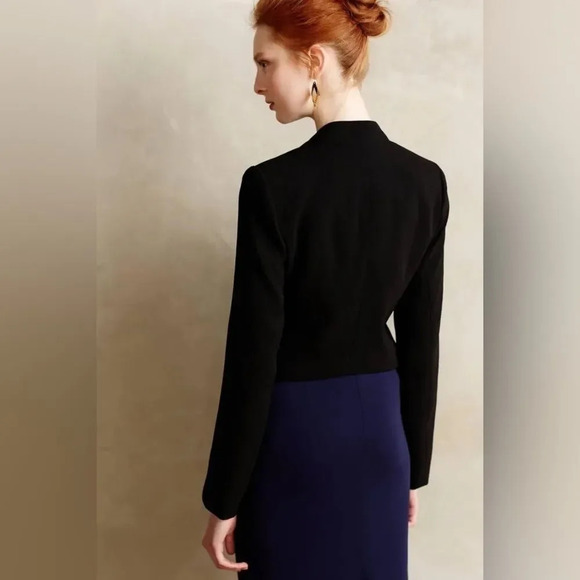 ELEVENSES‎ by ANTHROPOLOGIE Dimmet Lace Trim Open Front Blazer in Black Noir - Picture 2 of 11